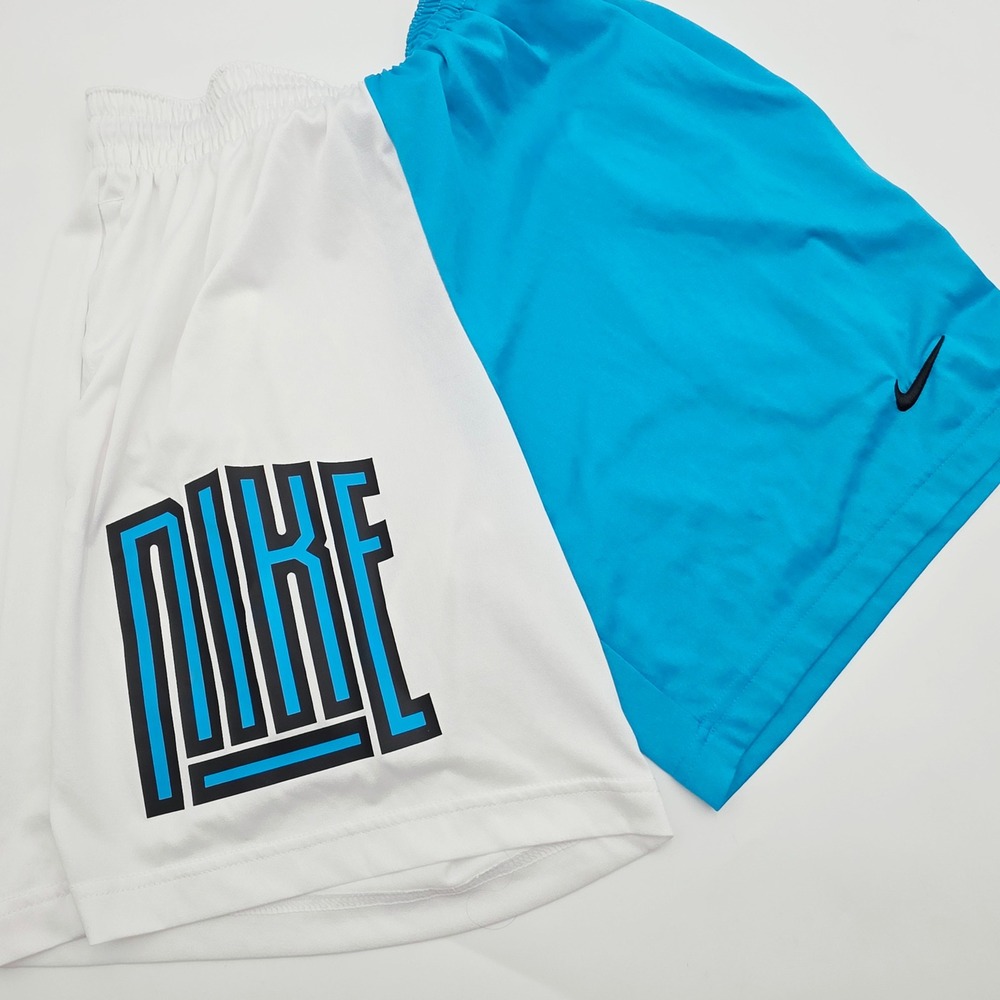 Nike Mens S Split Colorblock Basketball Shorts White Blue Graphic Swoosh DH7164